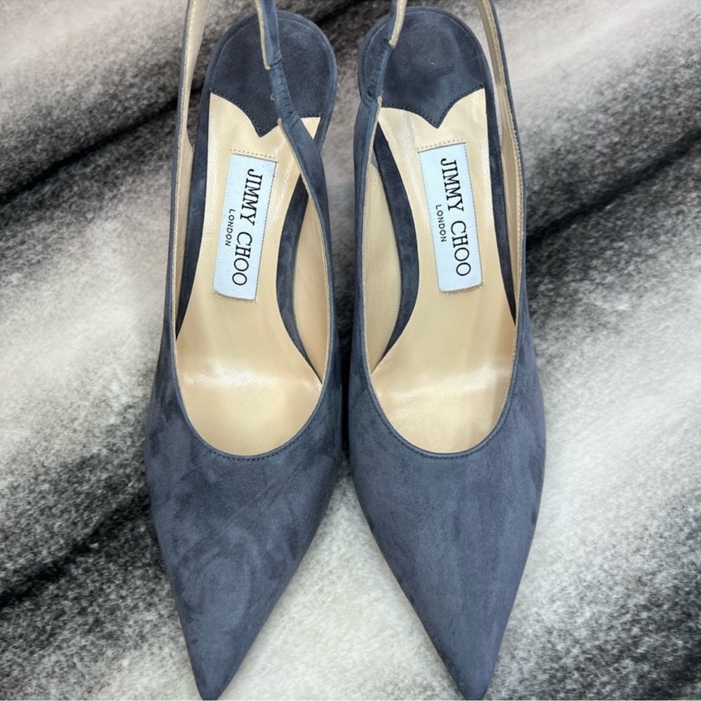 Jimmy Choo Ivy 85 mm Dusk Grey Suede Point Toe Slingback Heels - Picture 6 of 10